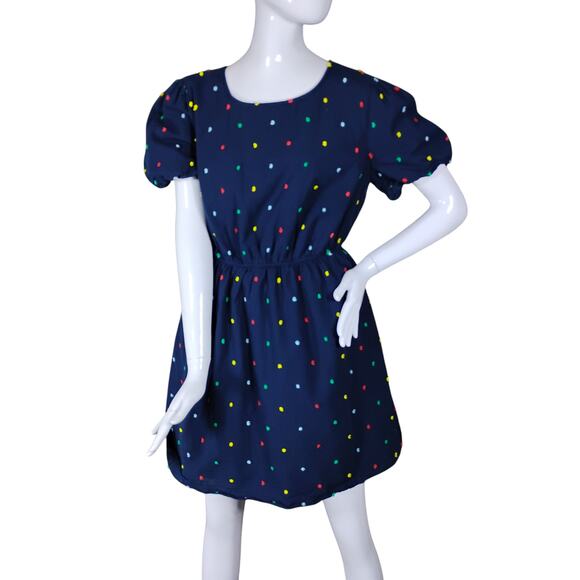 Crown & Ivy Dress Large Dark Blue with Colorful Fuzzy Pom Pom Texture Pullover - Picture 1 of 9